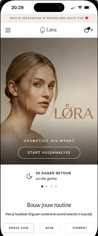 LØRA skincare webshop met start-huidanalyse en een ingang naar de huidroutine