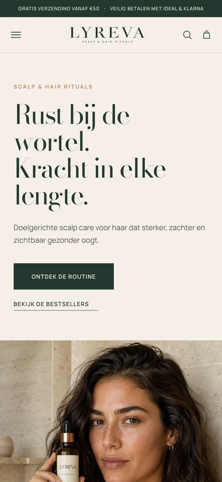 LYREVA webshop: haarverzorging met uitleg en ontdek-de-routine als primaire actie